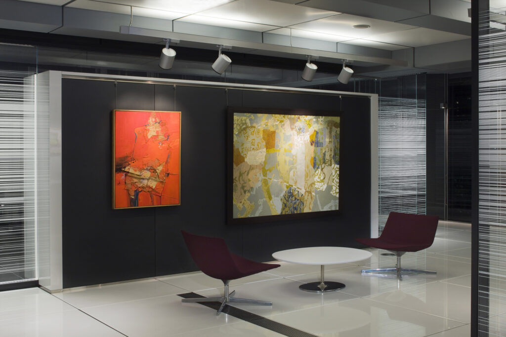 HSBC's Regional Executive Floor Offices & Galleries (designed by One Space): A self-illuminating "veil" within the glazed office frontages provides semi-obscurity, whilst offering continuous visibility of the art collection throughout the floor. 